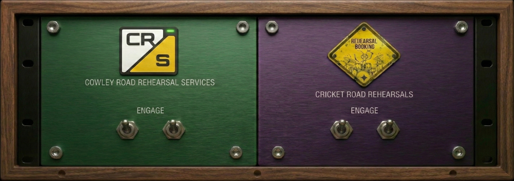 Rehearsal Services - Cowley Road (Green) & Cricket Road (Purple) with wood frame